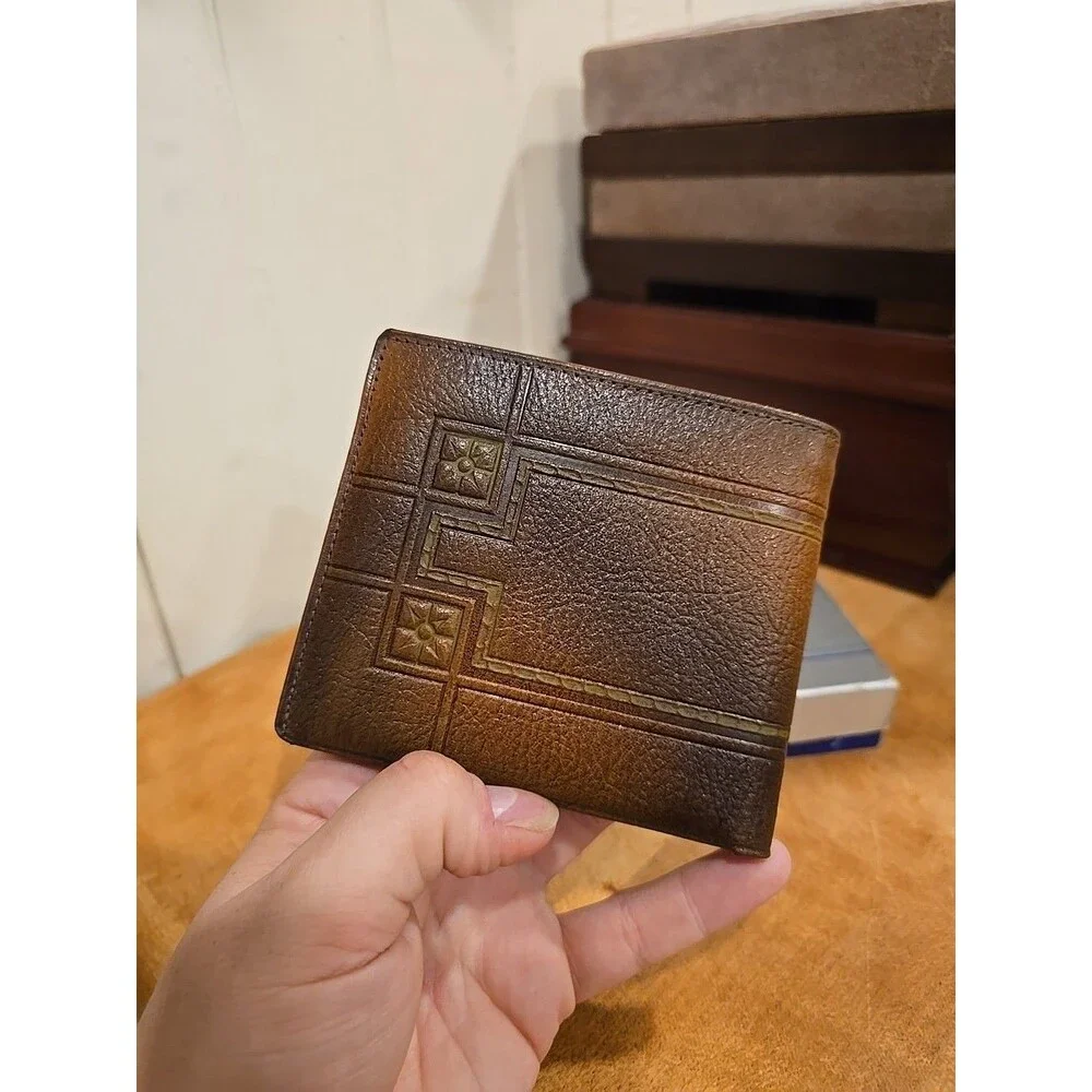 Vintage EK Steerhide Double Fold Mens Wallet Inlaid Details geometric